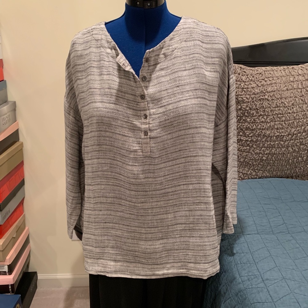 J Jill Striped Half Sleeve Buttton Linen Tunic